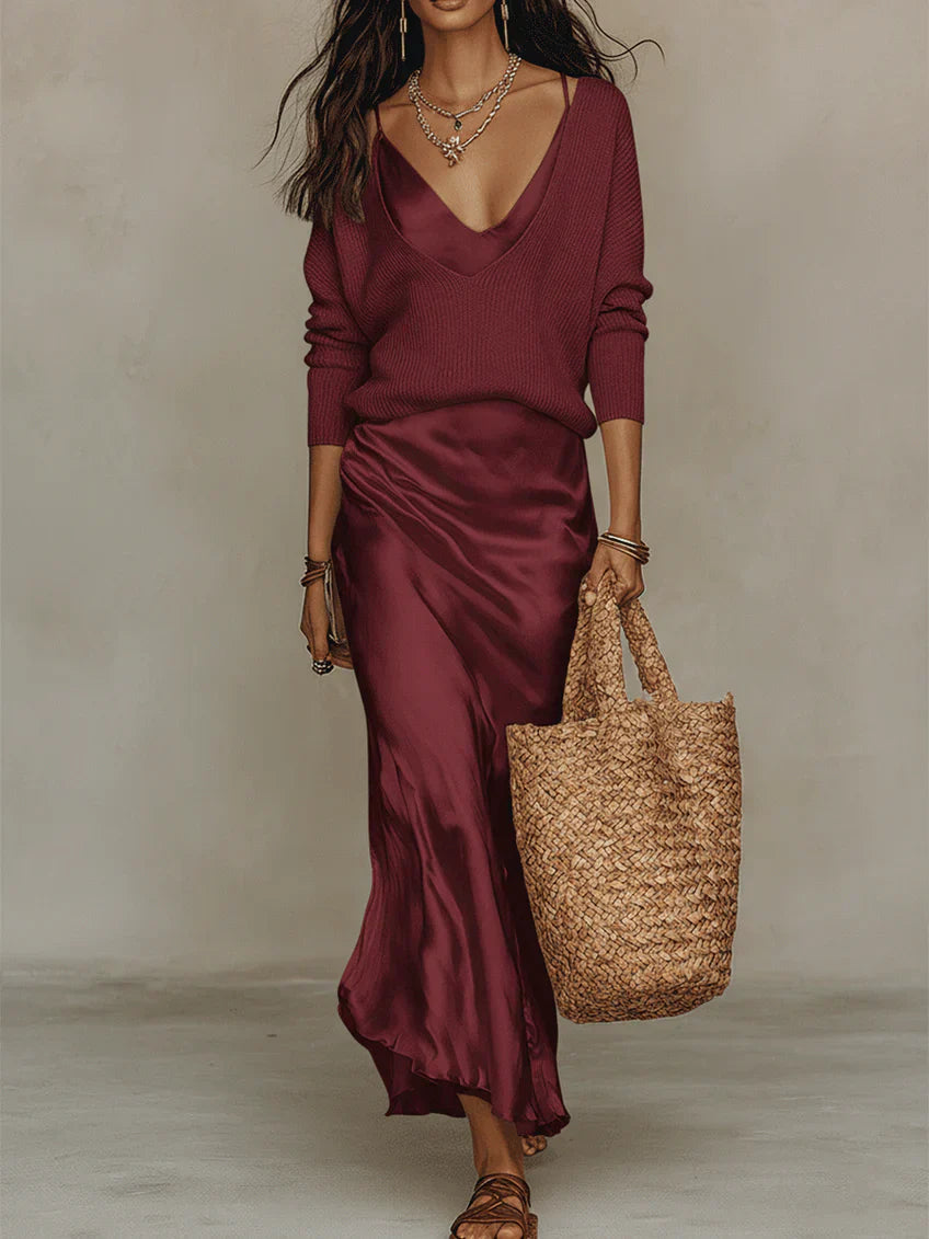 ALMA | ABITO MIDI IN RASO CON MAGLIONE