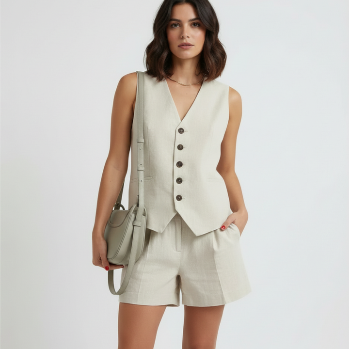 CARA | COMPLETO ESTIVO CON GILET SCOLLO A V E PANTALONCINI