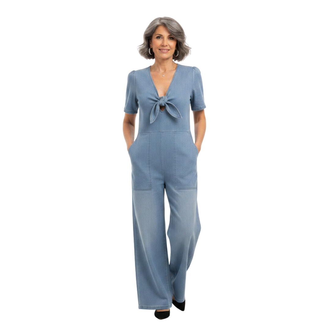 GAIA | TUTA IN DENIM CON SCOLLO A V GAMBA LARGA