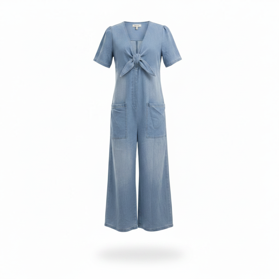 GAIA | TUTA IN DENIM CON SCOLLO A V GAMBA LARGA