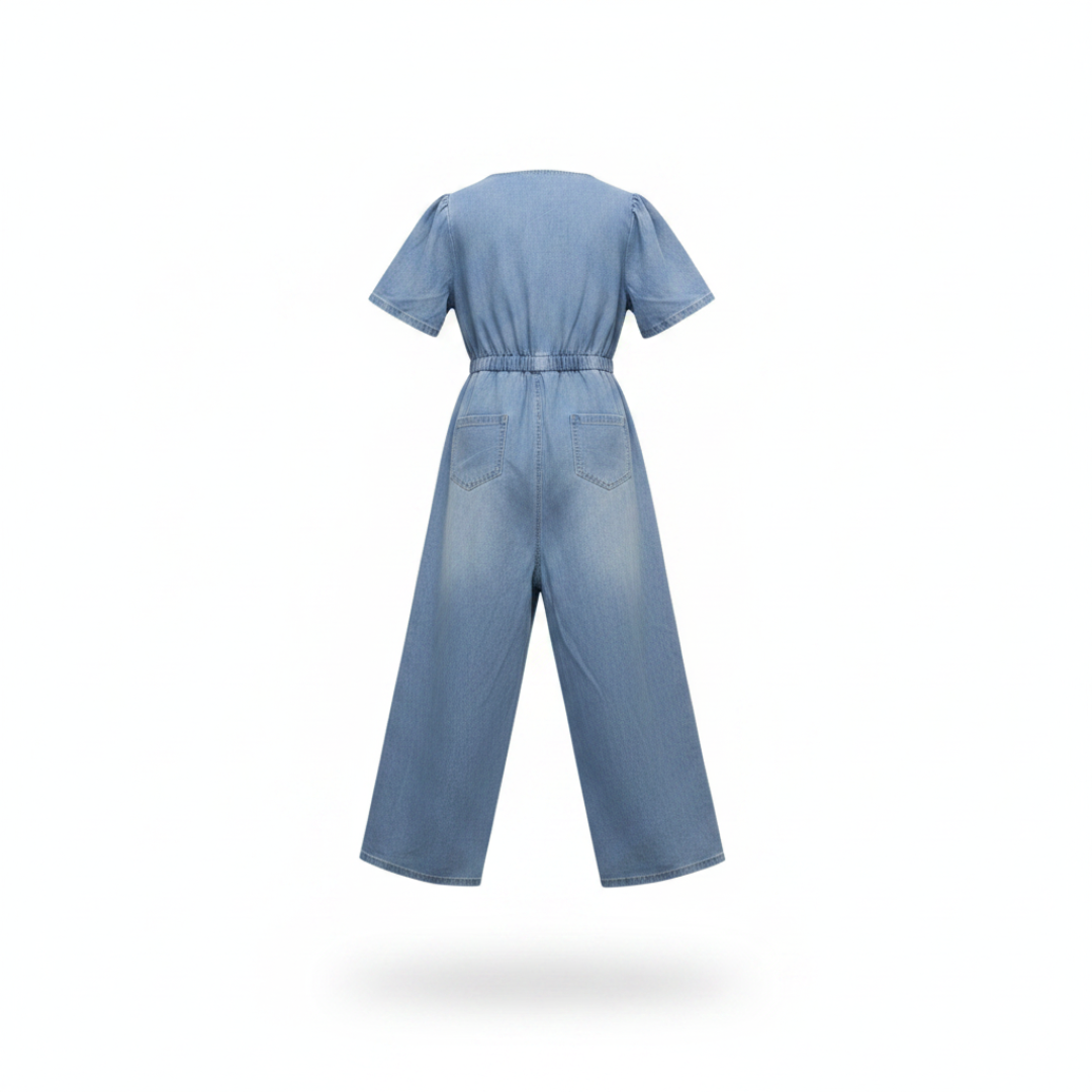 GAIA | TUTA IN DENIM CON SCOLLO A V GAMBA LARGA