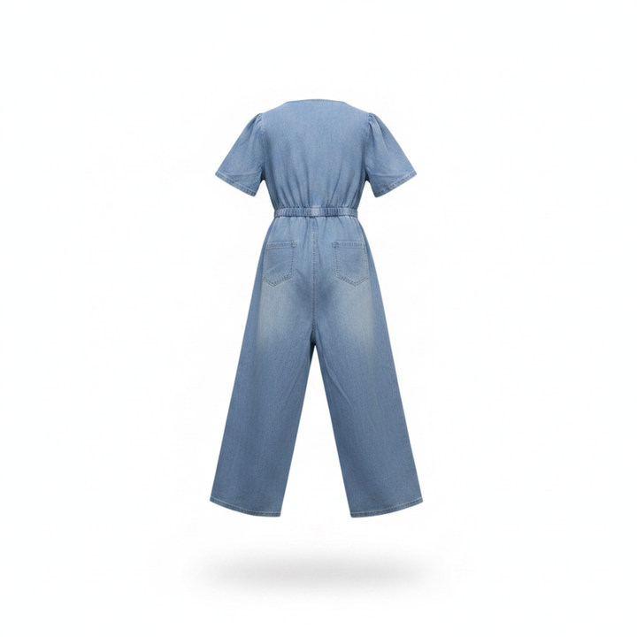 GAIA | TUTA IN DENIM CON SCOLLO A V GAMBA LARGA