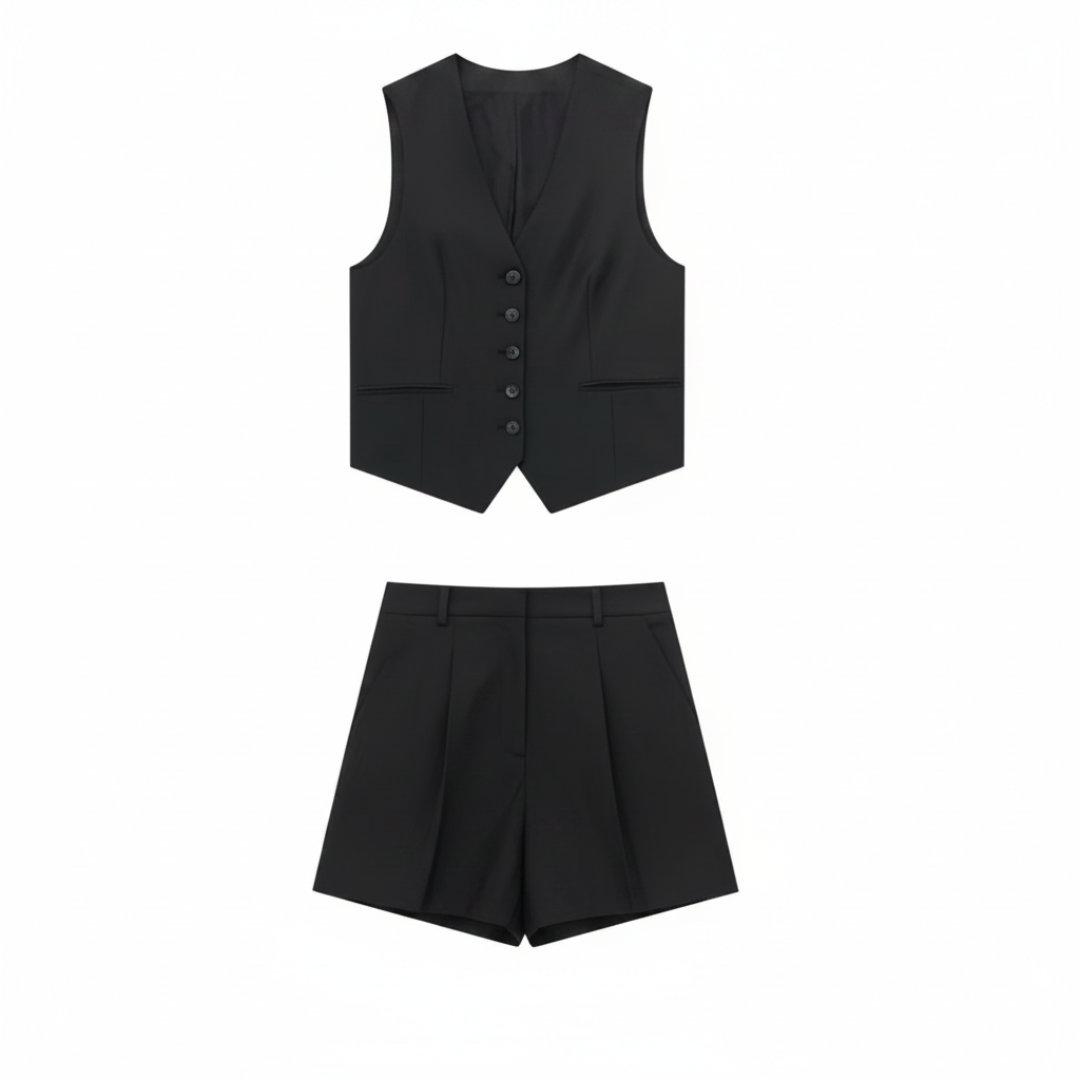 CARA | COMPLETO ESTIVO CON GILET SCOLLO A V E PANTALONCINI