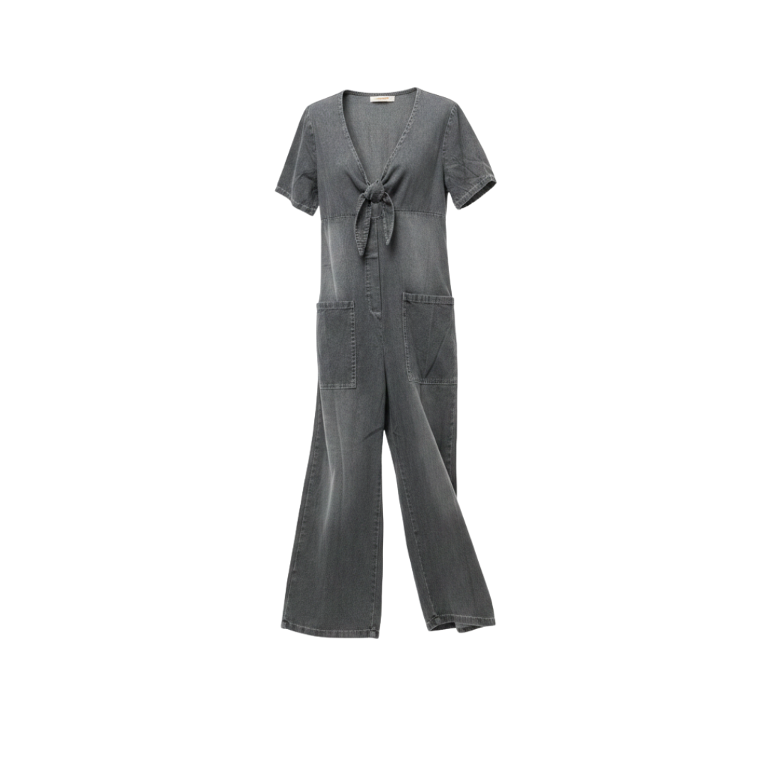 GAIA | TUTA IN DENIM CON SCOLLO A V GAMBA LARGA
