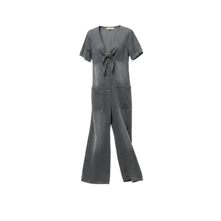 GAIA | TUTA IN DENIM CON SCOLLO A V GAMBA LARGA