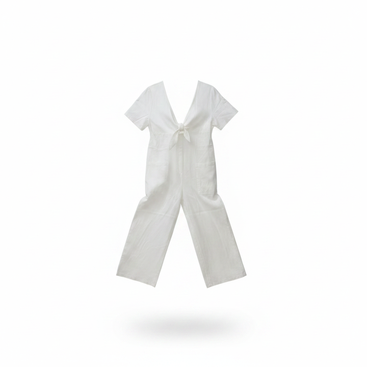GAIA | TUTA IN DENIM CON SCOLLO A V GAMBA LARGA