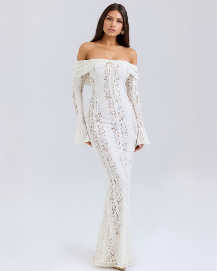 DONATELLA | ABITO LUNGO BIANCO IN PIZZO CON SPALLE SCOPERTE