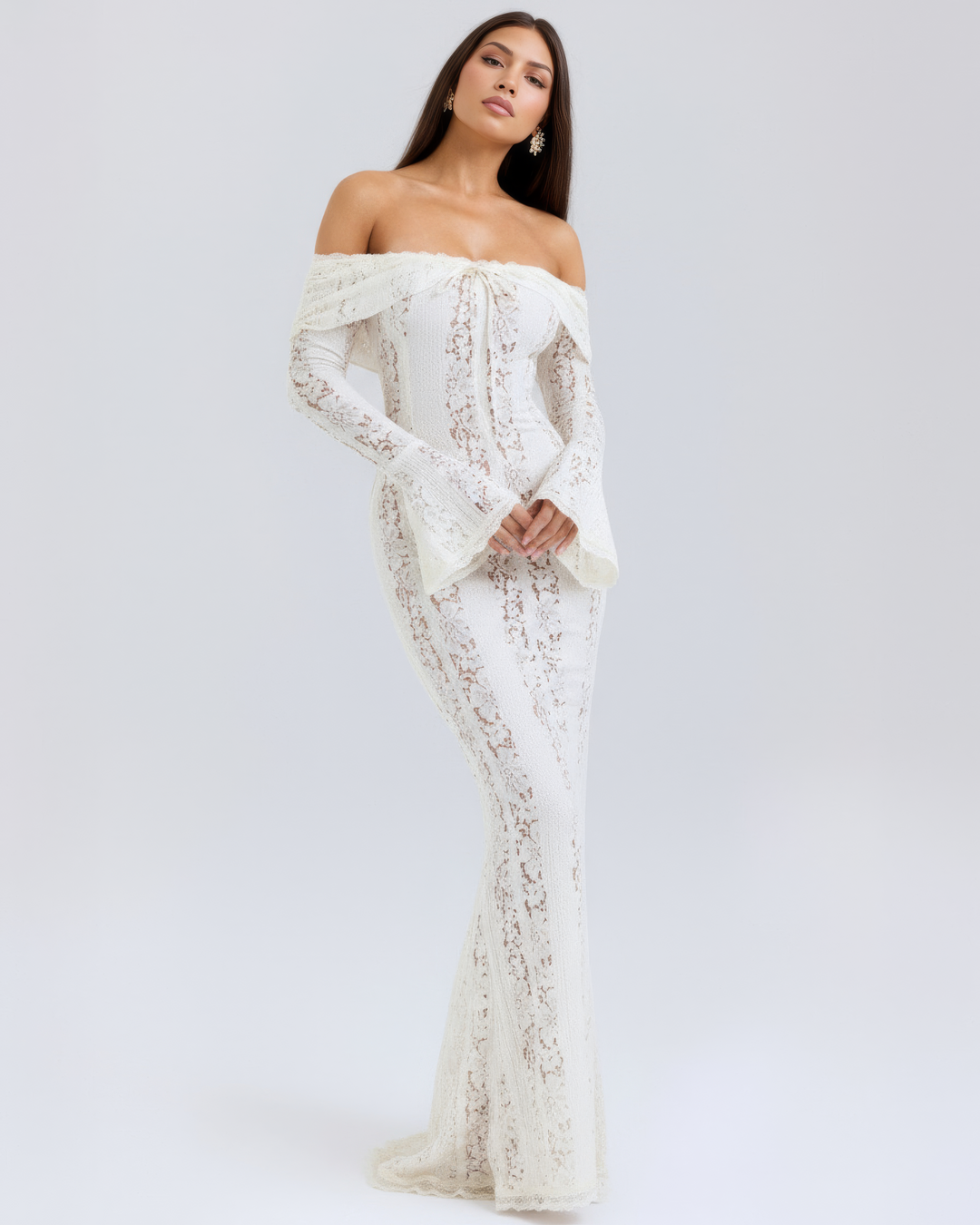 DONATELLA | ABITO LUNGO BIANCO IN PIZZO CON SPALLE SCOPERTE