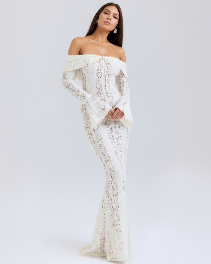 DONATELLA | ABITO LUNGO BIANCO IN PIZZO CON SPALLE SCOPERTE