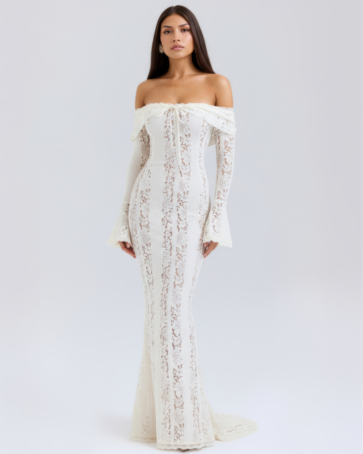 DONATELLA | ABITO LUNGO BIANCO IN PIZZO CON SPALLE SCOPERTE