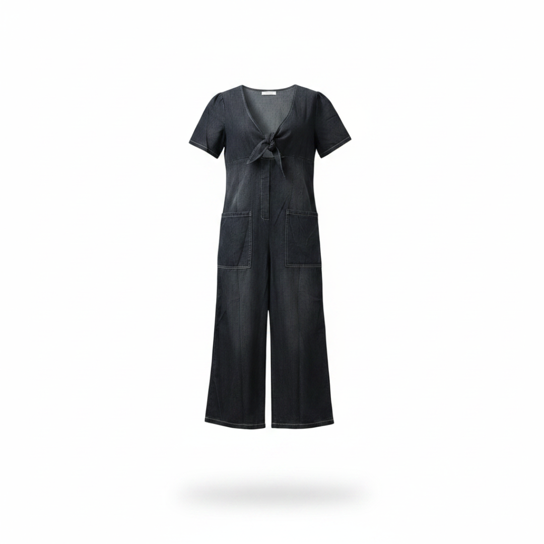 GAIA | TUTA IN DENIM CON SCOLLO A V GAMBA LARGA