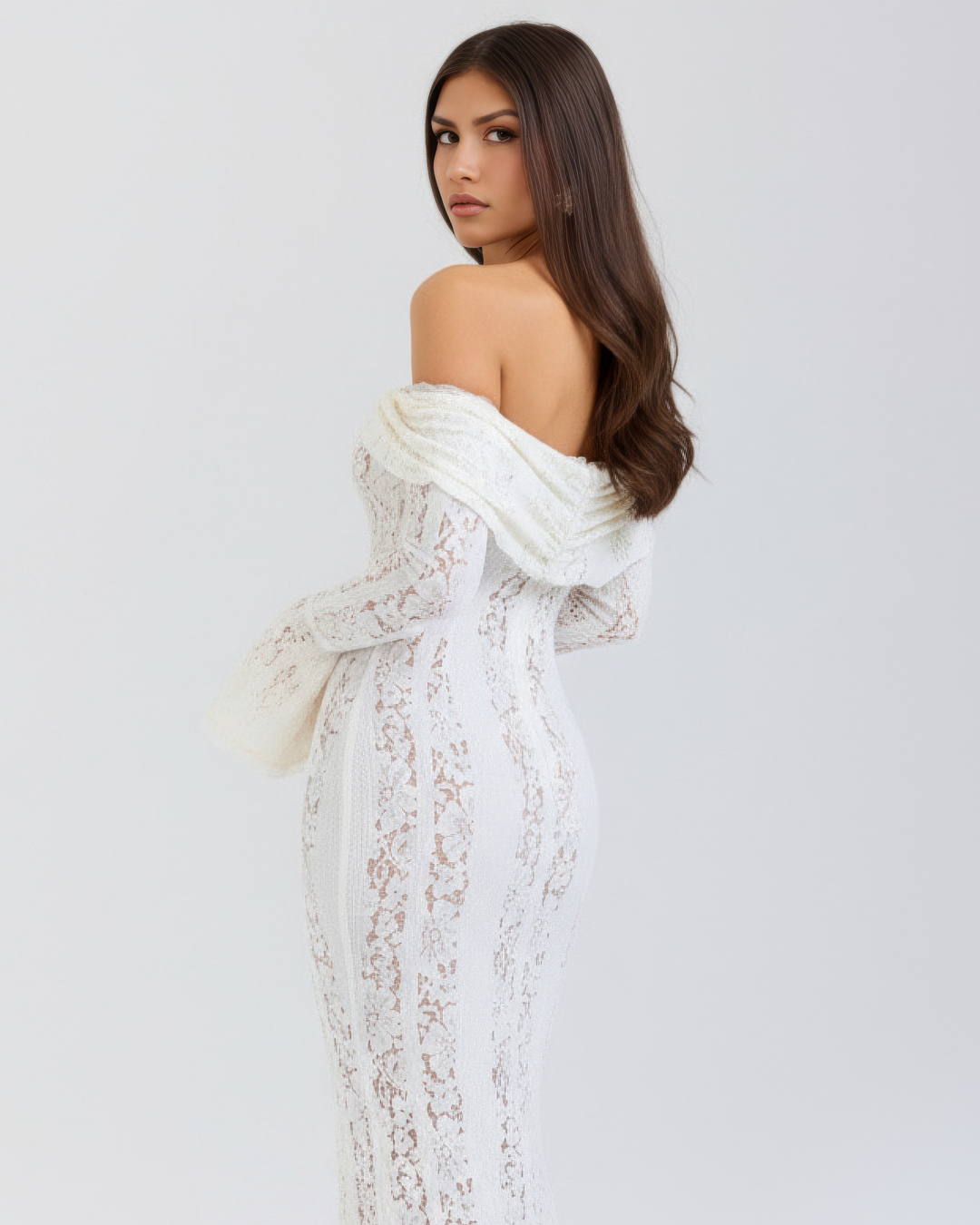 DONATELLA | ABITO LUNGO BIANCO IN PIZZO CON SPALLE SCOPERTE