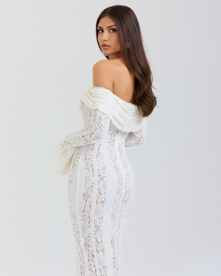 DONATELLA | ABITO LUNGO BIANCO IN PIZZO CON SPALLE SCOPERTE