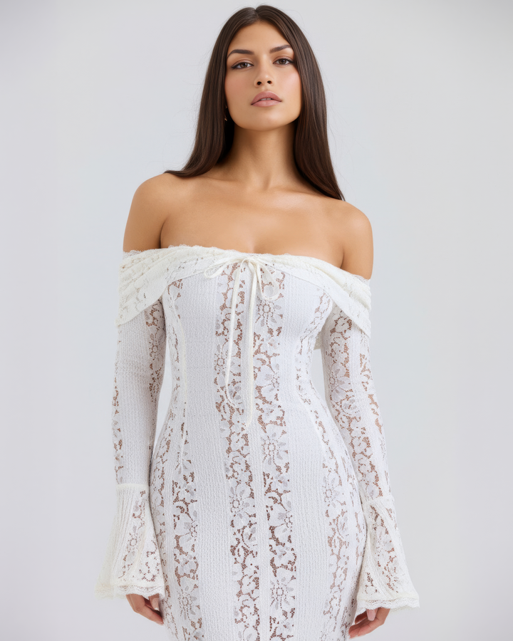 DONATELLA | ABITO LUNGO BIANCO IN PIZZO CON SPALLE SCOPERTE