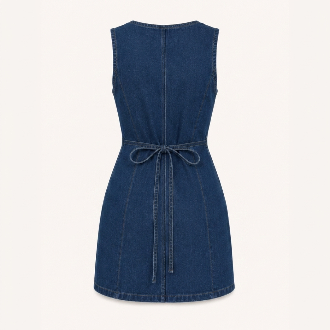 EMMA | ABITO IN DENIM CON SCOLLO A V, BOTTONI FRONTALI E CINTURA IN VITA