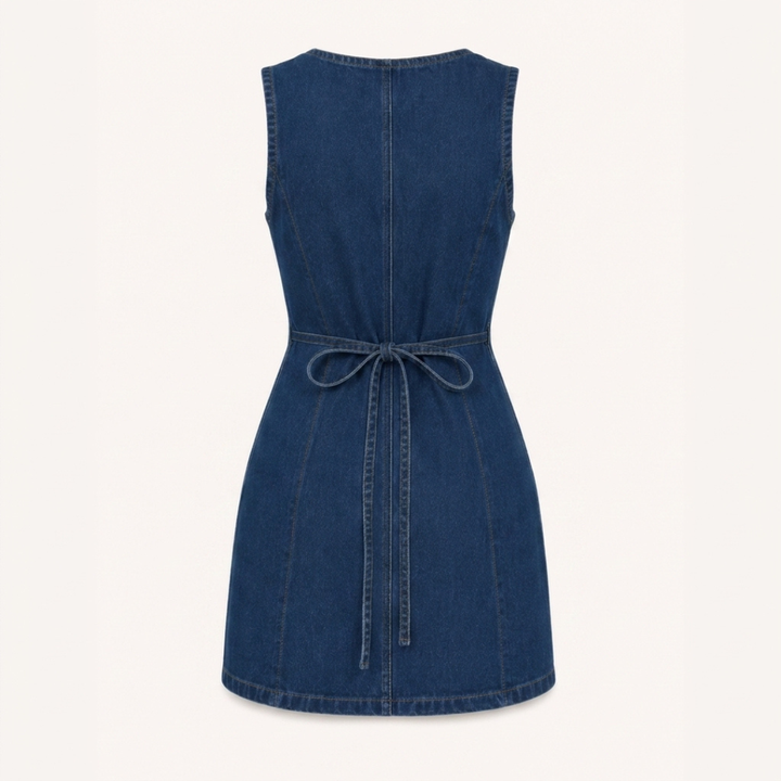 EMMA | ABITO IN DENIM CON SCOLLO A V, BOTTONI FRONTALI E CINTURA IN VITA